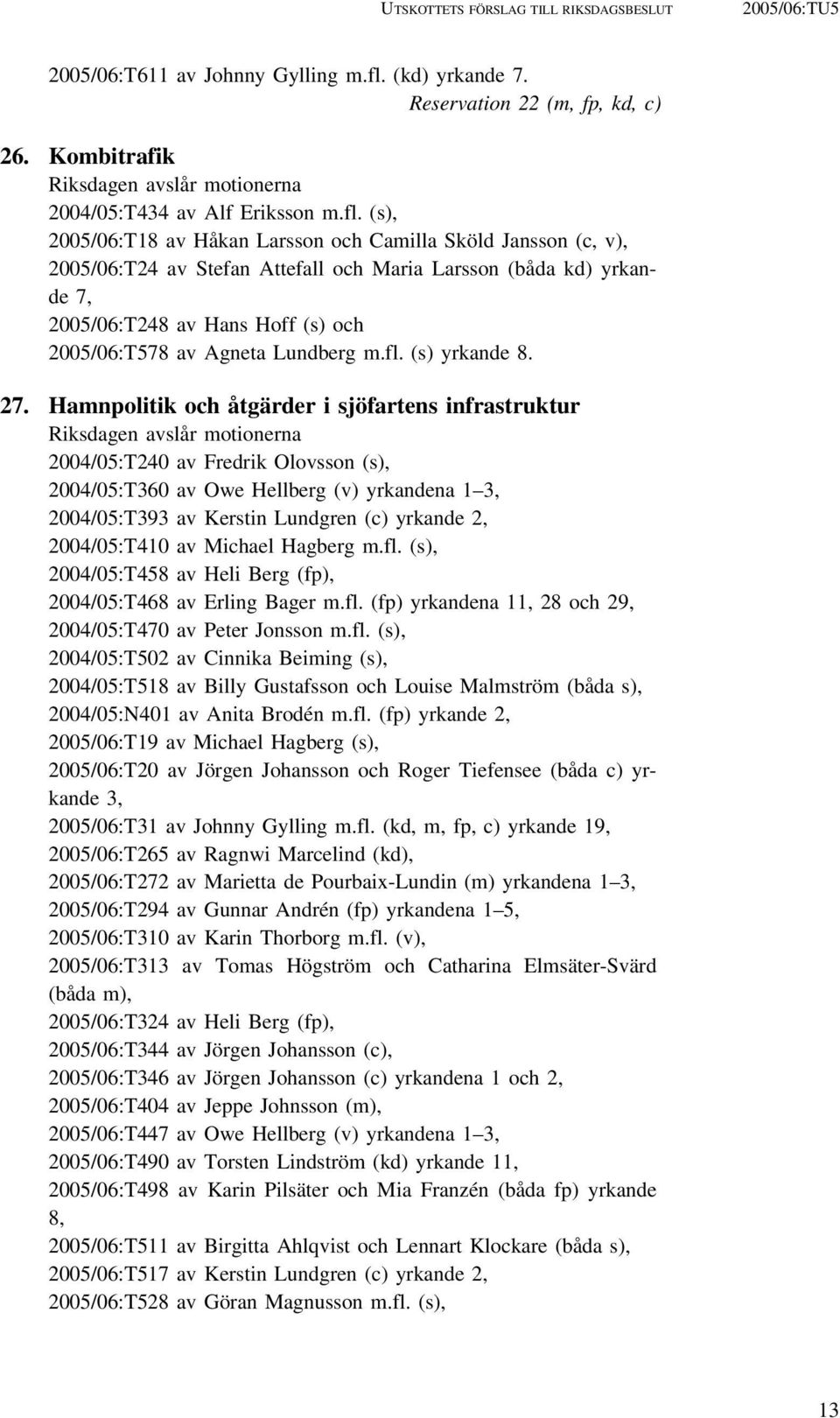 (s), 2005/06:T18 av Håkan Larsson och Camilla Sköld Jansson (c, v), 2005/06:T24 av Stefan Attefall och Maria Larsson (båda kd) yrkande 7, 2005/06:T248 av Hans Hoff (s) och 2005/06:T578 av Agneta