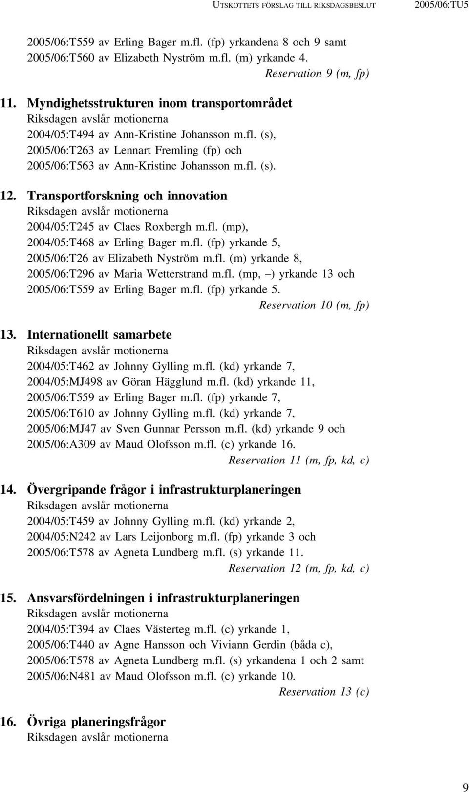 (s), 2005/06:T263 av Lennart Fremling (fp) och 2005/06:T563 av Ann-Kristine Johansson m.fl. (s). 12. Transportforskning och innovation Riksdagen avslår motionerna 2004/05:T245 av Claes Roxbergh m.fl. (mp), 2004/05:T468 av Erling Bager m.