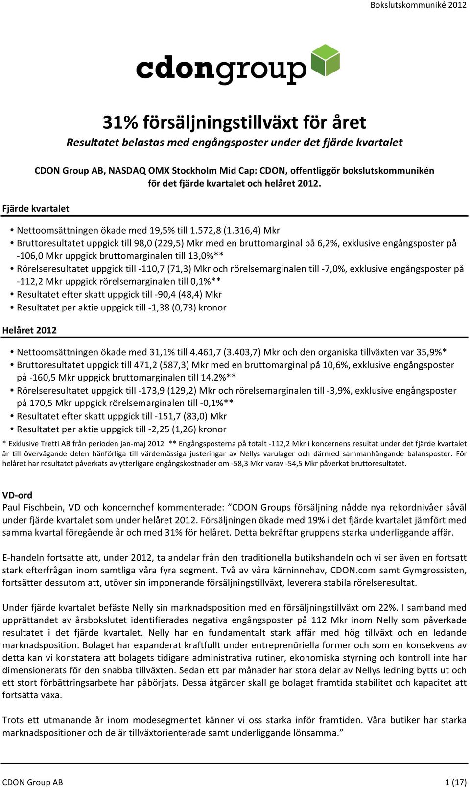 316,4) Mkr Bruttoresultatet uppgick till 98,0 (229,5) Mkr med en bruttomarginal på 6,2%, exklusive engångsposter på - 106,0 Mkr uppgick bruttomarginalen till 13,0%** Rörelseresultatet uppgick till -