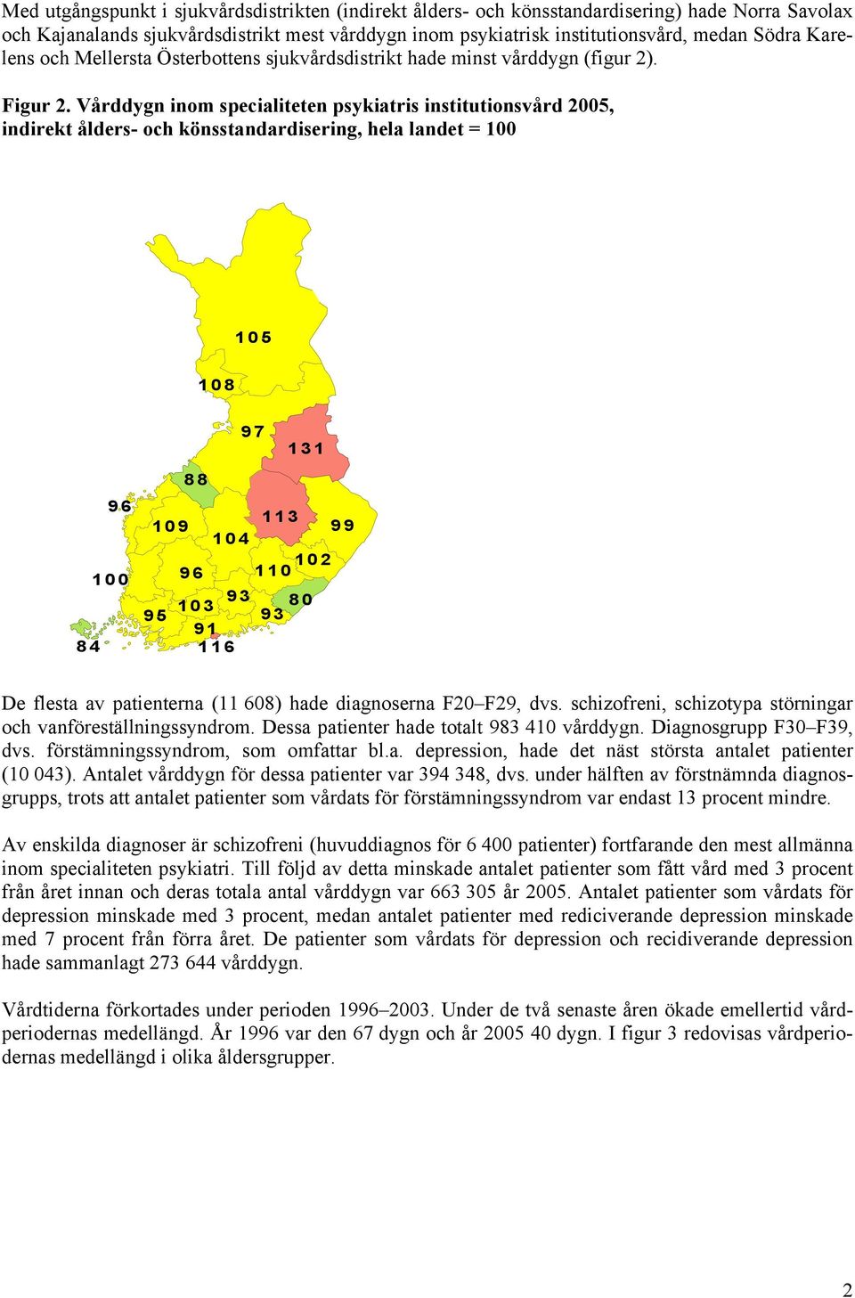 Vårddygn inom specialiteten psykiatris institutionsvård 2005, indirekt ålders- och könsstandardisering, hela landet = 100 105 108 97 131 88 84 96 100 109 113 104 99 96 110 102 95 93 103 91 116 93 80