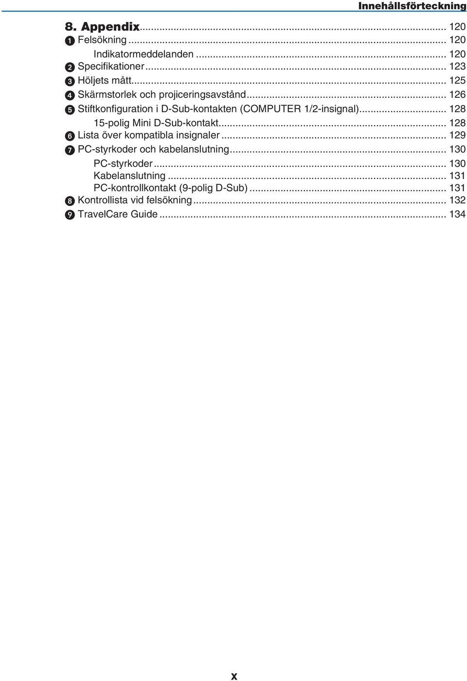 .. 128 15-polig Mini D-Sub-kontakt... 128 Lista över kompatibla insignaler... 129 PC-styrkoder och kabelanslutning.