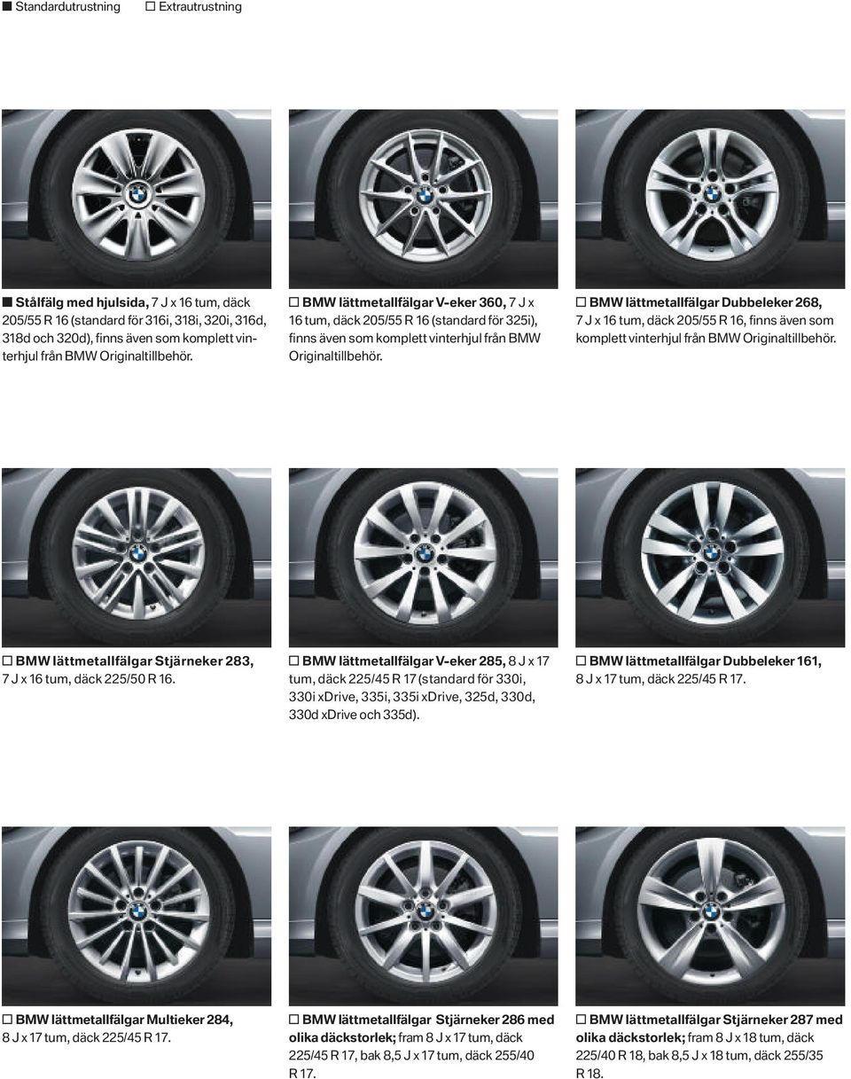 BMW lättmetallfälgar Dubbeleker, J x tum, däck / R, finns även som komplett vinterhjul från BMW Originaltillbehör. BMW lättmetallfälgar Stjärneker, J x tum, däck / R.