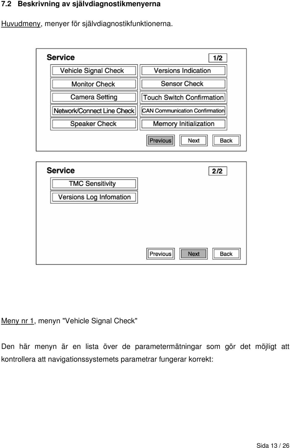 Meny nr 1, menyn "Vehicle Signal Check" Den här menyn är en lista över