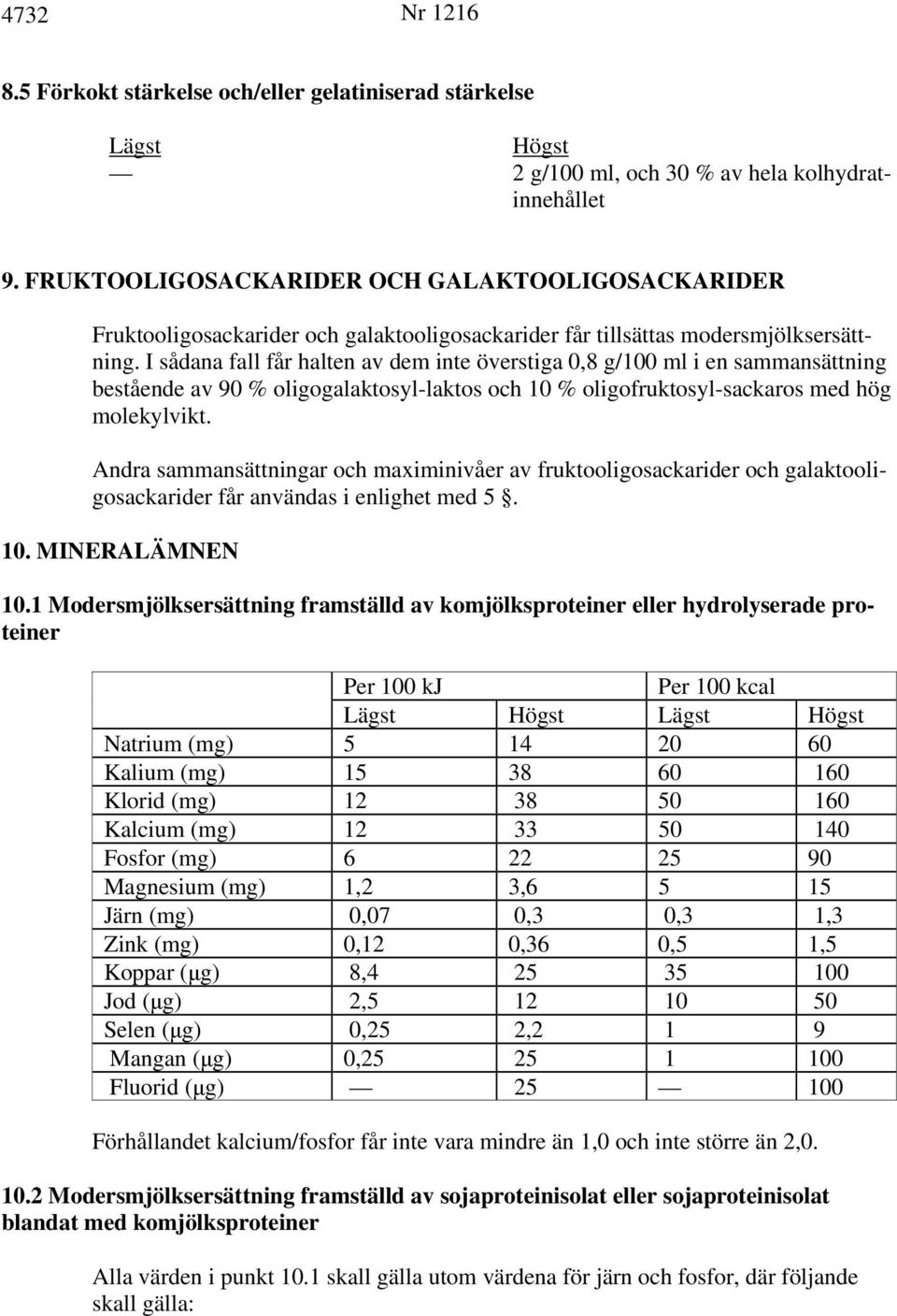 I sådana fall får halten av dem inte överstiga 0,8 g/100 ml i en sammansättning bestående av 90 % oligogalaktosyl-laktos och 10 % oligofruktosyl-sackaros med hög molekylvikt.