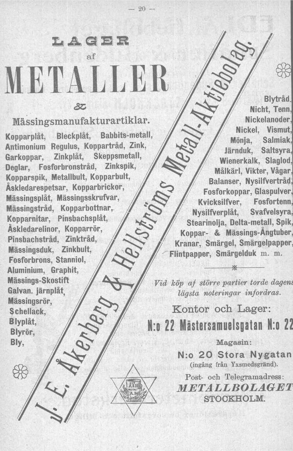 Fosforbronstråd, Zinkspik, ~opparspik, Metallbult, Kopparbult, Askledarespetsar, Kopparbrickor, Vid köp af större partier torde dagem lägsta noteringar