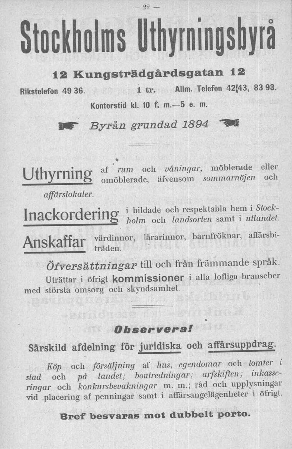 Anskaffar v~~dinnor, l~rarinnor, barnfröknar, affärsbl- -- traden.' Öfve:rsättningar till och från främmande språk.