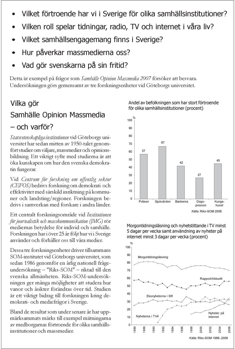 Undersökningen görs gemensamt av tre forskningsenheter vid Göteborgs universitet. Vilka gör Samhälle Opinion Massmedia och varför?