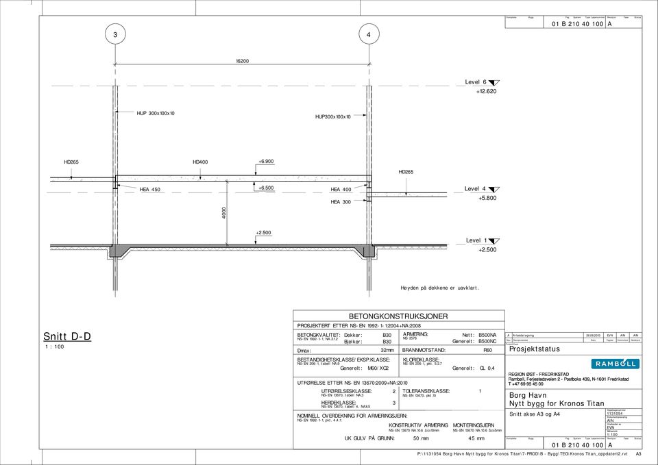 Snitt D-D 1 : 100 BETONGKONSTRUKSJONER PROSJEKTERT ETTER NS-EN 1992-1-1:2004+NA:2008 B30 ARMERING: NS 3576 BETONGKVALITET: NS-EN 1992-1-1, NA.3.1.2 Dma: Dekker: Bjelker: B30 32mm BESTANDIGHETSKLASSE/EKSP.