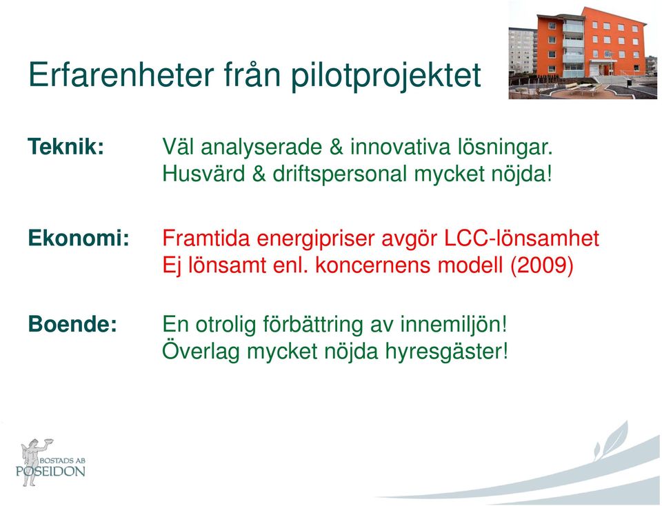 Ekonomi: Boende: Framtida energipriser avgör LCC-lönsamhet Ej lönsamt