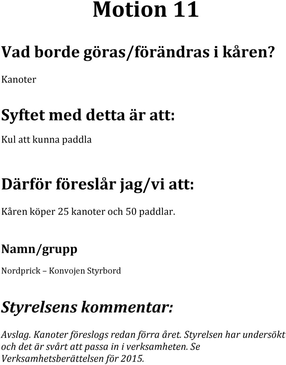 Kanoter föreslogs redan förra året.