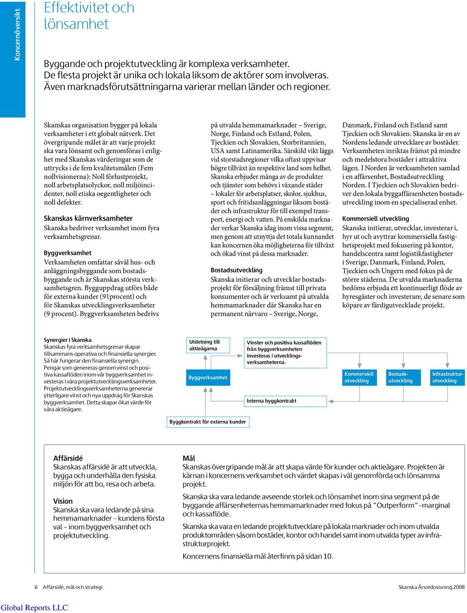 Det övergripande målet är att varje projekt ska vara lönsamt och genomföras i enlighet med Skanskas värderingar som de uttrycks i de fem kvalitetsmålen (Fem nollvisionerna): Noll förlustprojekt, noll