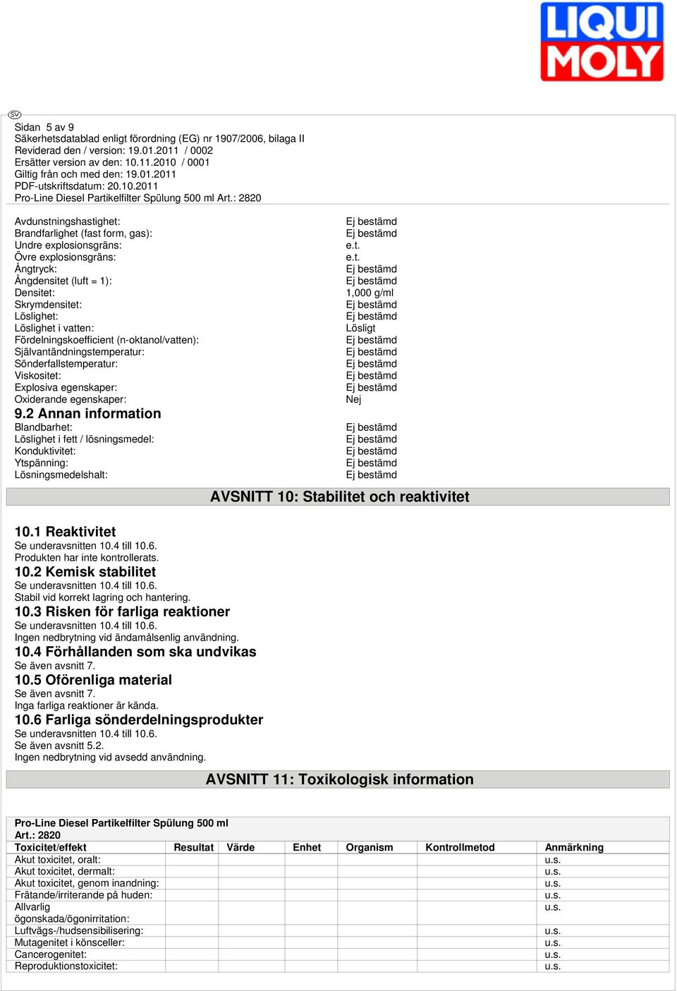 2 Annan information Blandbarhet: Löslighet i fett / lösningsmedel: Konduktivitet: Ytspänning: Lösningsmedelshalt: 1,000 g/ml Lösligt Nej AVSNITT 10: Stabilitet och reaktivitet 10.