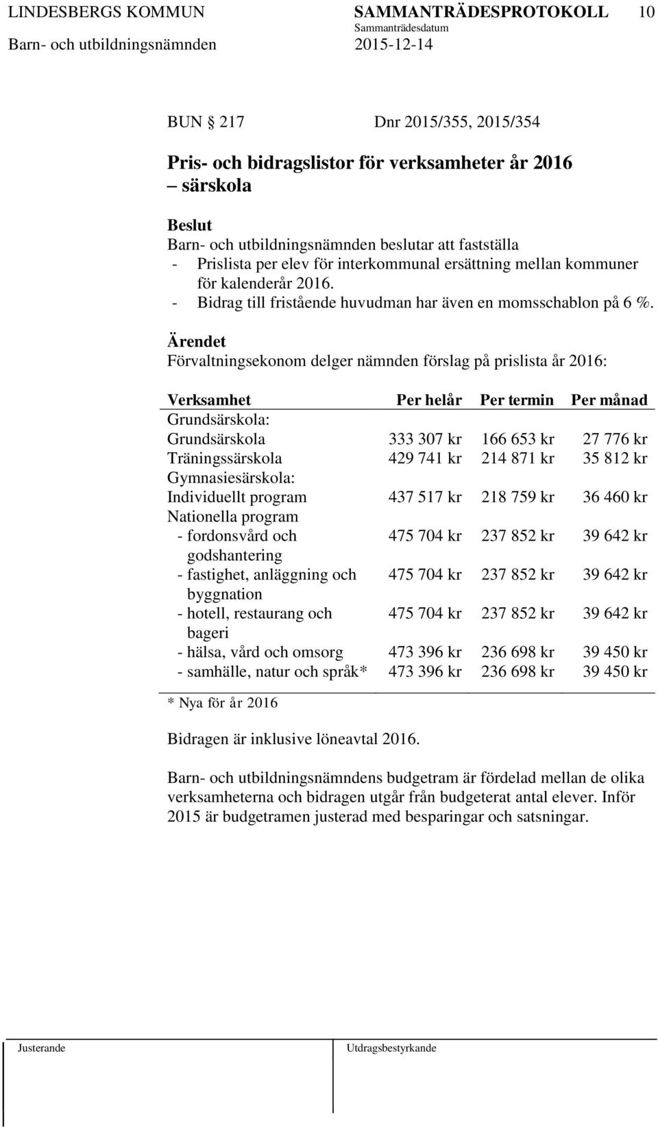 Förvaltningsekonom delger nämnden förslag på prislista år 2016: Verksamhet Per helår Per termin Per månad Grundsärskola: Grundsärskola 333 307 kr 166 653 kr 27 776 kr Träningssärskola 429 741 kr 214