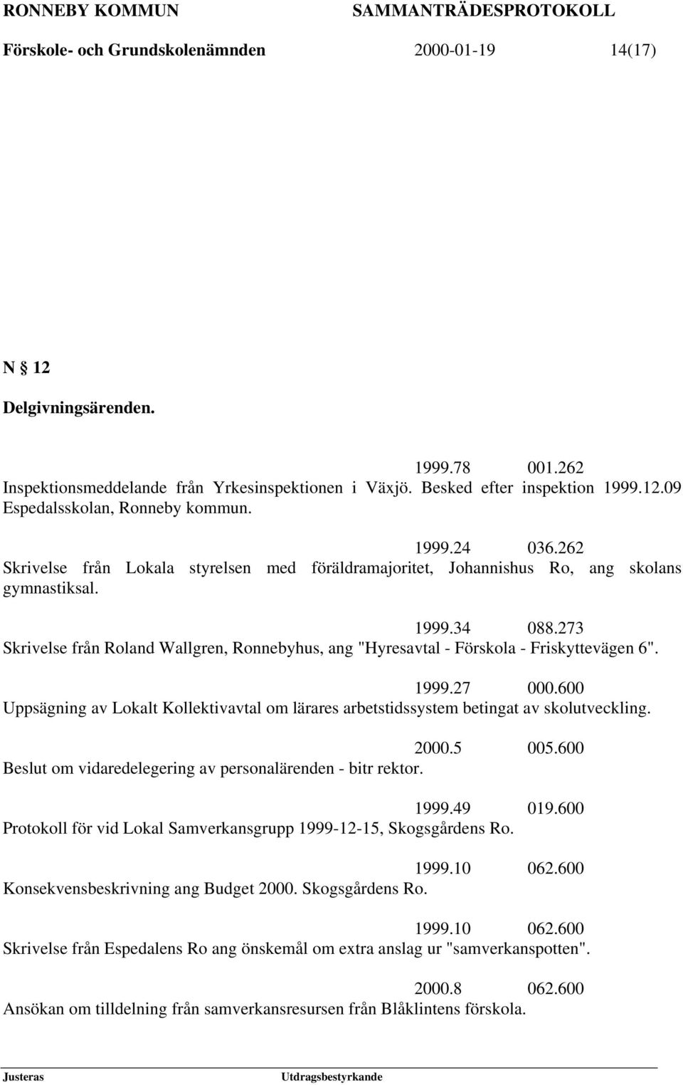 273 Skrivelse från Roland Wallgren, Ronnebyhus, ang "Hyresavtal - Förskola - Friskyttevägen 6". 1999.27 000.