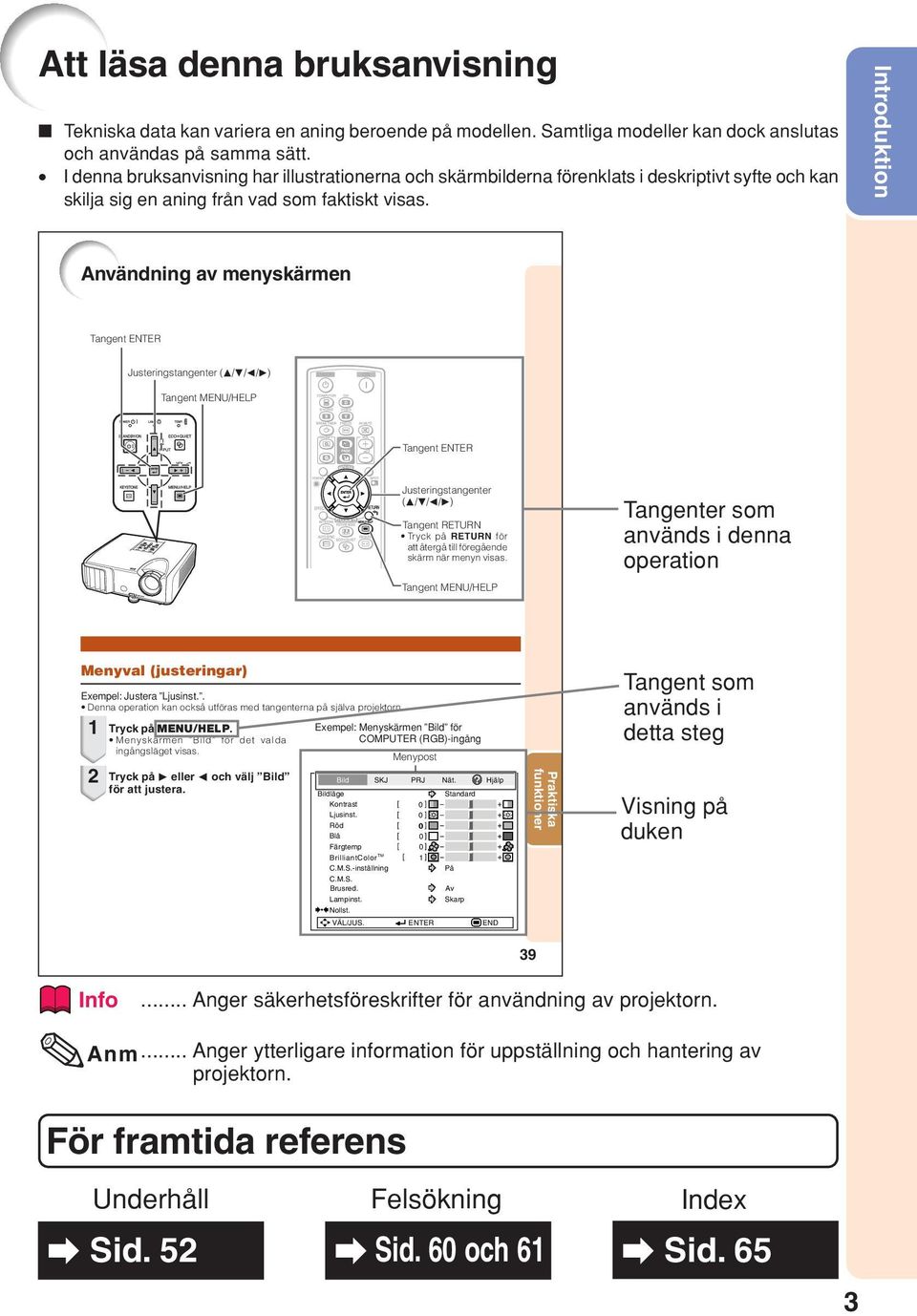 Användning av menyskärmen Tangent ENTER Justeringstangenter (P/R/O/Q) Tangent MENU/HELP Tangent ENTER Justeringstangenter (P/R/O/Q) Tangent RETURN Tryck på RETURN för att återgå till föregående skärm