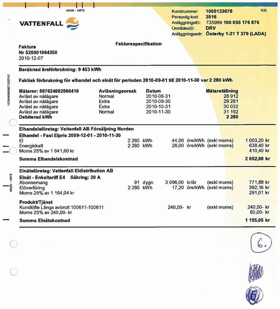 28912 29 281 Extra 2010-10-31 30 032 Debiterad Normal 20 10-1 1-30 31 192 2 280 Elhandel - Fast Elpris 2009-12-01-2010-11-30 El Energiskatt 2 280 2 280 44,00 28.