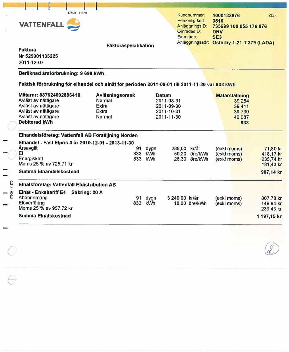 254 Avlästavnätägare Extra 2011-09-30 39411 Extra 2011-10-31 39 730 Normal 201 1-1 1-30 40 087 Debiterad 833 Elhandel - Fast Elpris 3 år 201 0-12-01-201 3-11-30 Årsavgift 91 dygn 288,00 kr/år (exkl