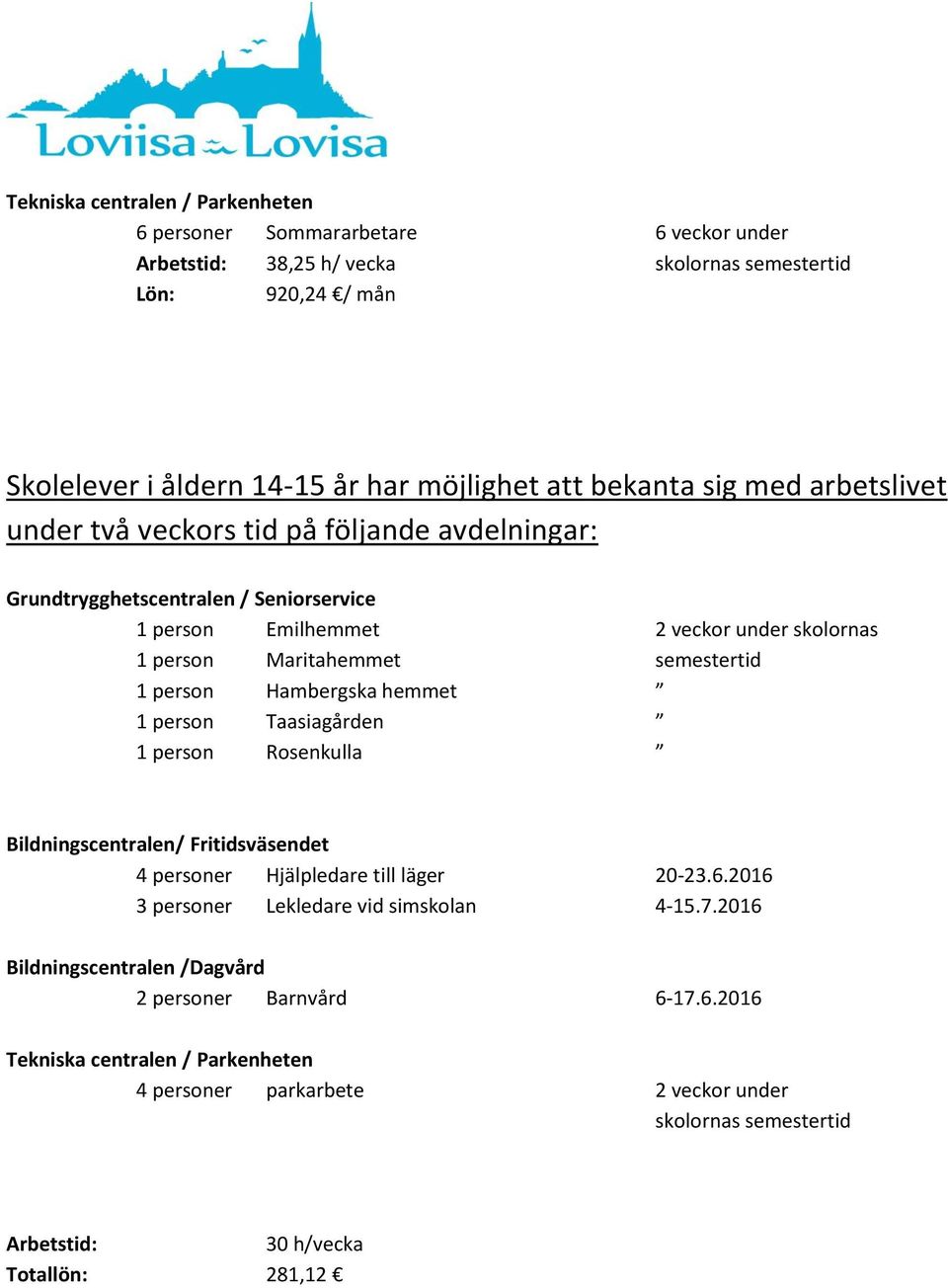 Taasiagården 1 person Rosenkulla Bildningscentralen/ Fritidsväsendet 4 personer Hjälpledare till läger 20-23.6.2016 3 personer Lekledare vid simskolan 4-15.7.