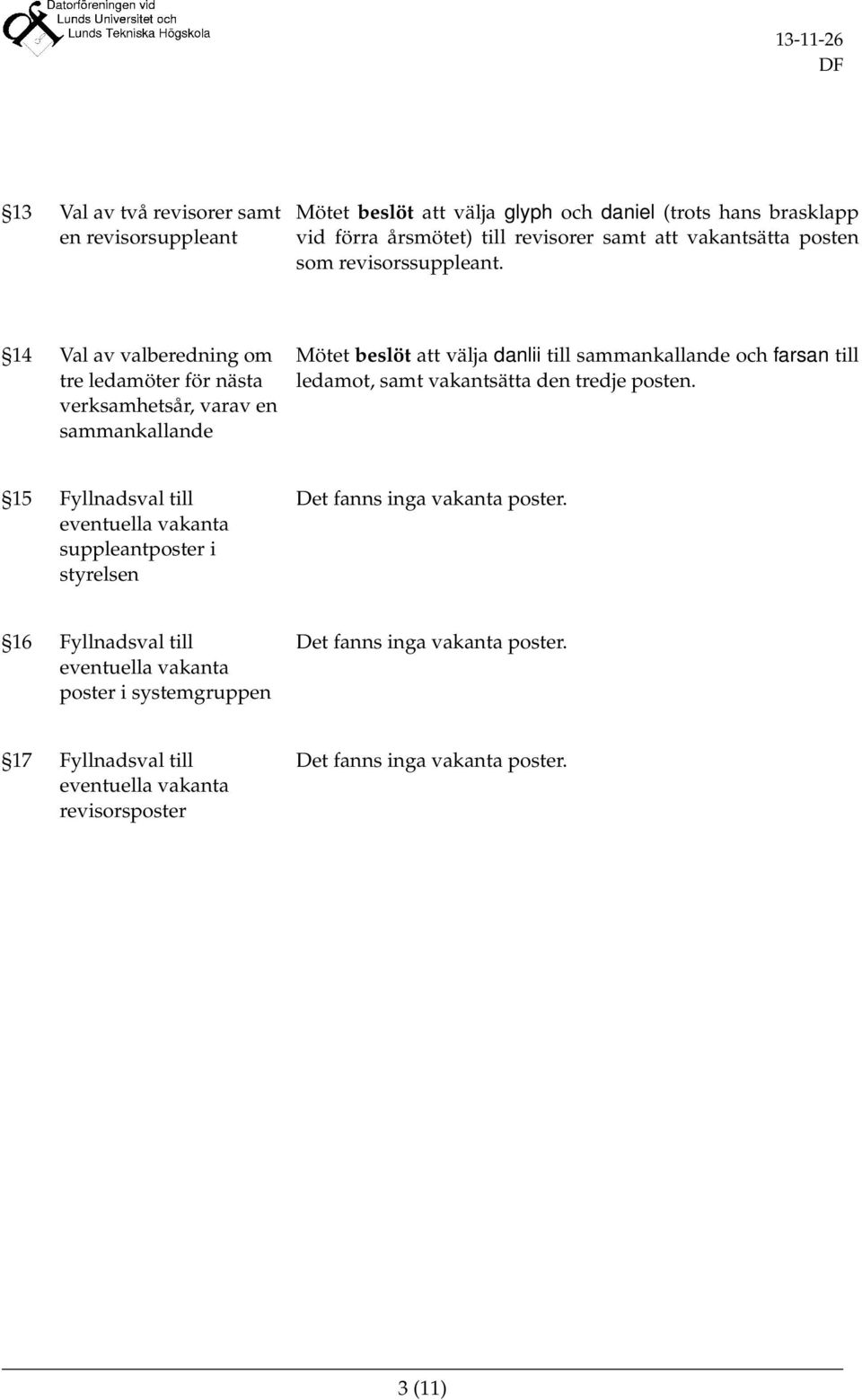 14 Val av valberedning om tre ledamöter för nästa verksamhetsår, varav en sammankallande Mötet beslöt att välja danlii till sammankallande och farsan till ledamot, samt