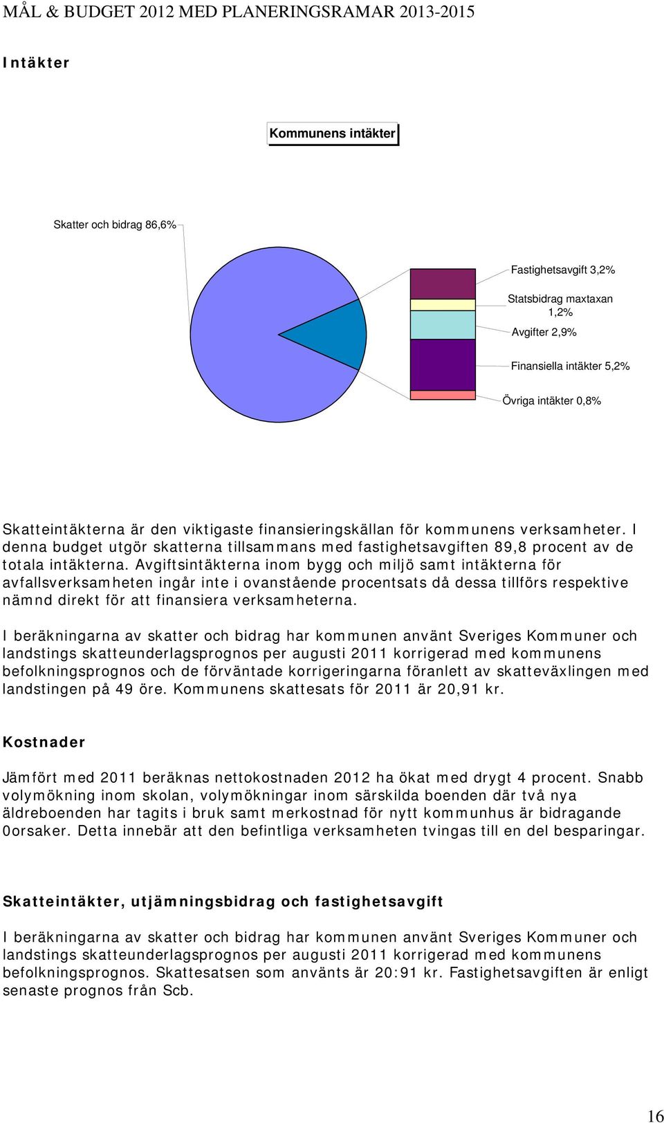 Avgiftsintäkterna inom bygg och miljö samt intäkterna för avfallsverksamheten ingår inte i ovanstående procentsats då dessa tillförs respektive nämnd direkt för att finansiera verksamheterna.