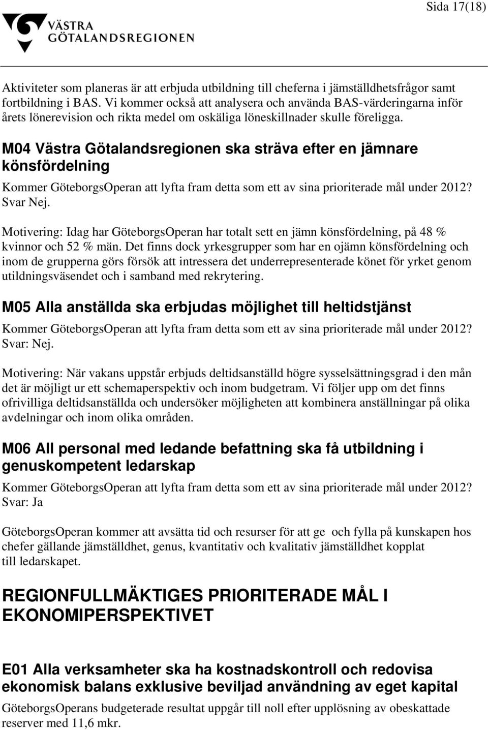 M04 Västra Götalandsregionen ska sträva efter en jämnare könsfördelning Kommer GöteborgsOperan att lyfta fram detta som ett av sina prioriterade mål under 2012? Svar Nej.