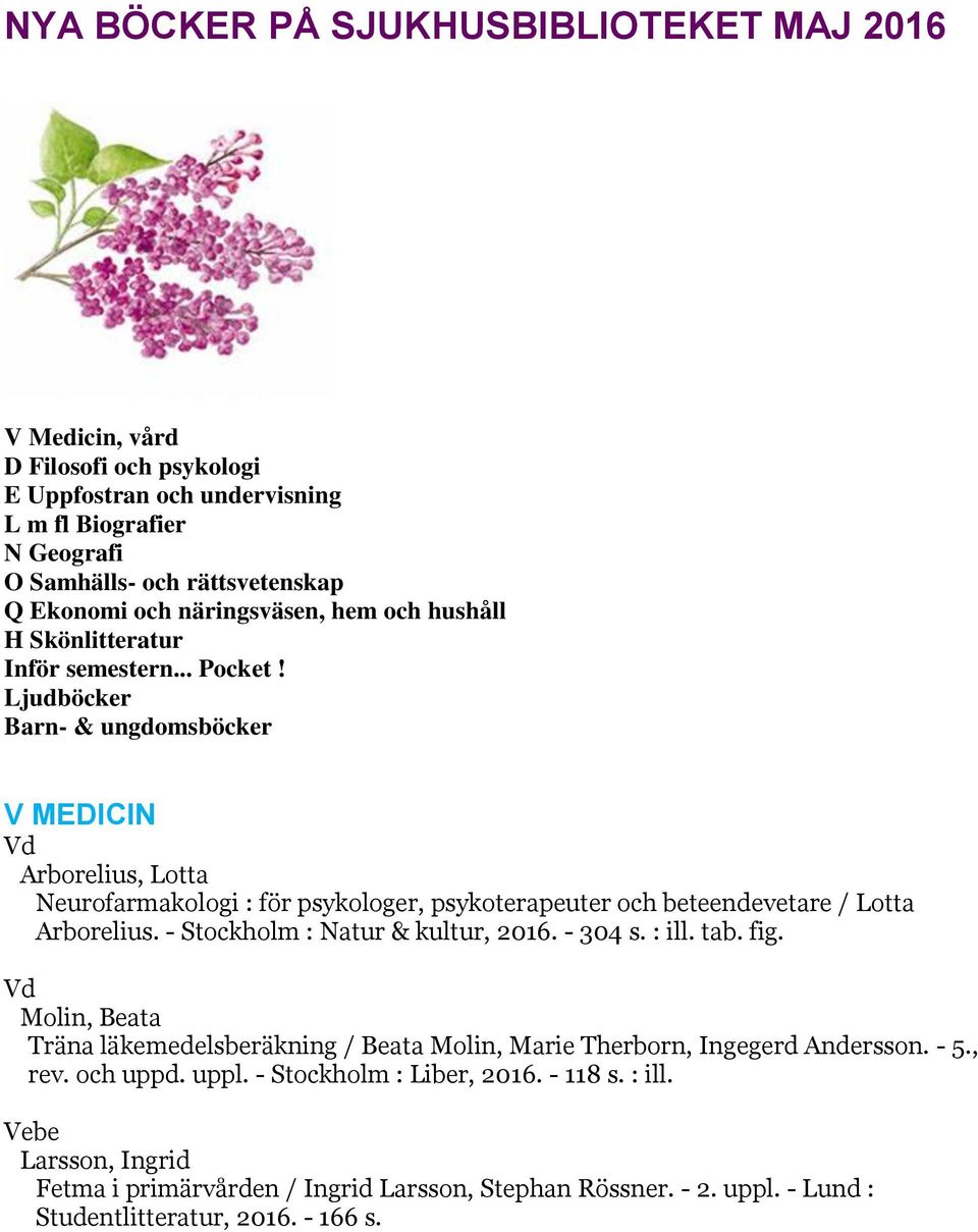 Ljudböcker Barn- & ungdomsböcker V MEDICIN Vd Arborelius, Lotta Neurofarmakologi : för psykologer, psykoterapeuter och beteendevetare / Lotta Arborelius. - Stockholm : Natur & kultur, 2016.