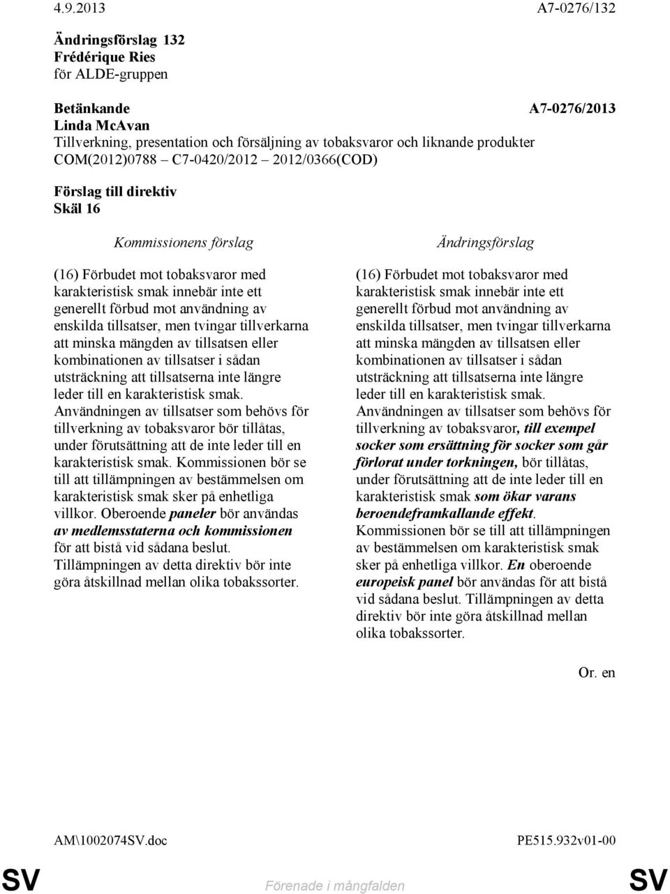 Användningen av tillsatser som behövs för tillverkning av tobaksvaror bör tillåtas, under förutsättning att de inte leder till en karakteristisk smak.