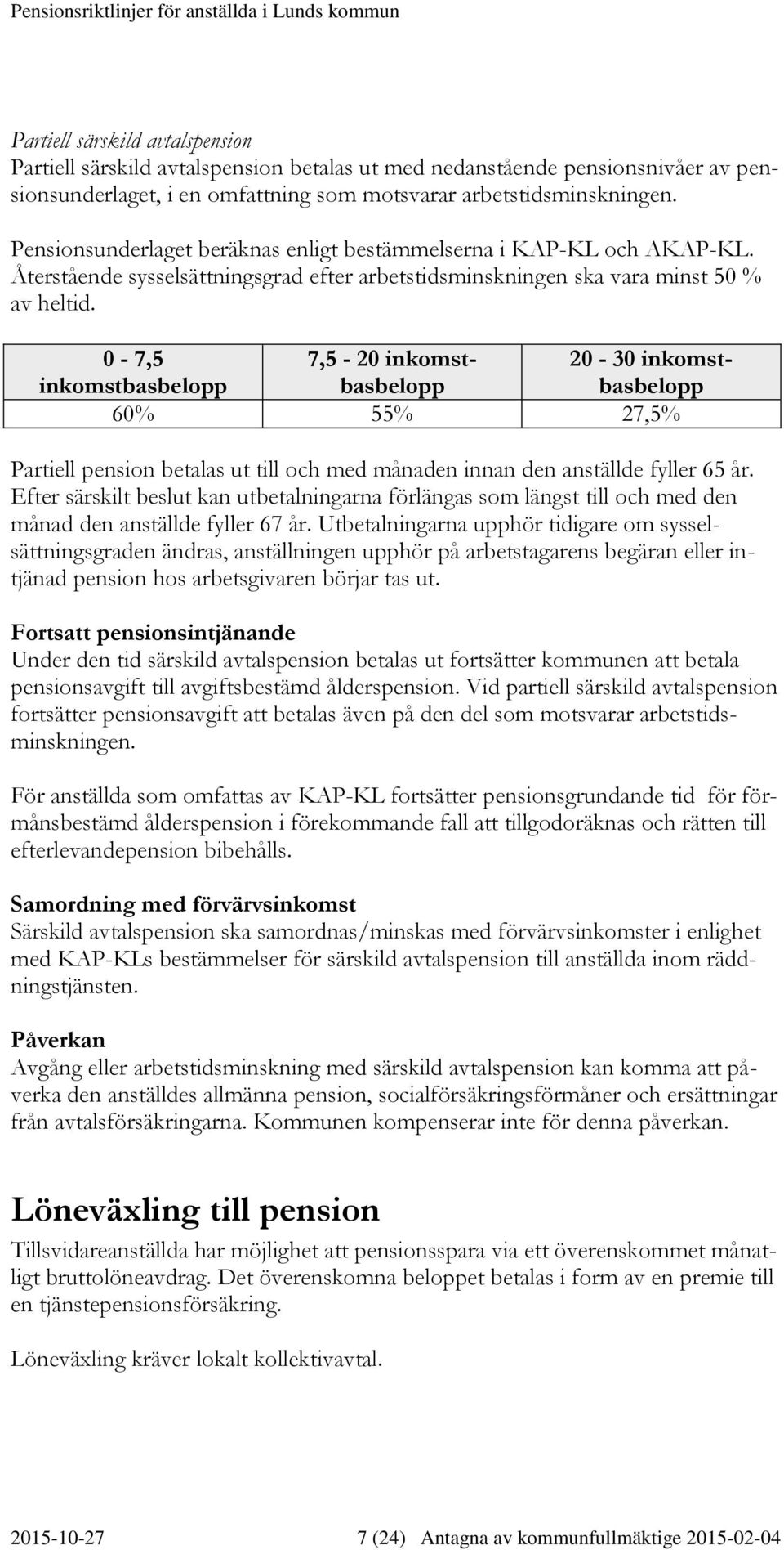 0-7,5 7,5-20 inkomstbasbelopbasbelopp 20-30 inkomst- inkomstbasbelopp 60% 55% 27,5% Partiell pension betalas ut till och med månaden innan den anställde fyller 65 år.