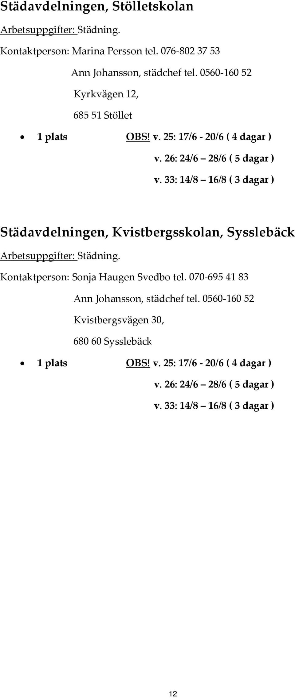 33: 14/8 16/8 ( 3 dagar ) Städavdelningen, Kvistbergsskolan, Sysslebäck Arbetsuppgifter: Städning. Kontaktperson: Sonja Haugen Svedbo tel.
