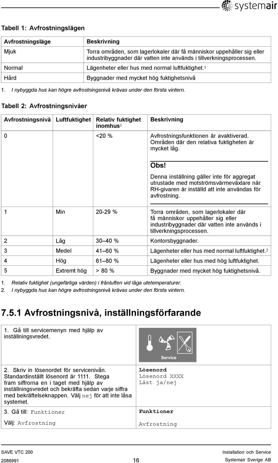 Tabell 2: Avfrostningsnivåer Avfrostningsnivå Luftfuktighet Relativ fuktighet inomhus 1 Beskrivning 0 <20 % Avfrostningsfunktionen är avaktiverad. Områden där den relativa fuktigheten är mycket låg.