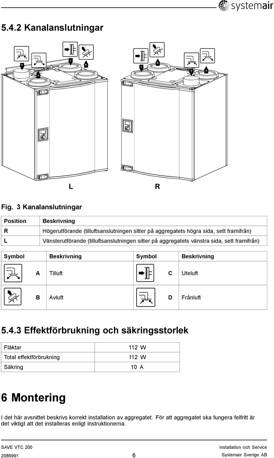 (tilluftsanslutningen sitter på aggregatets vänstra sida, sett framifrån) Symbol Beskrivning Symbol Beskrivning A Tilluft C Uteluft B Avluft D Frånluft 5.4.