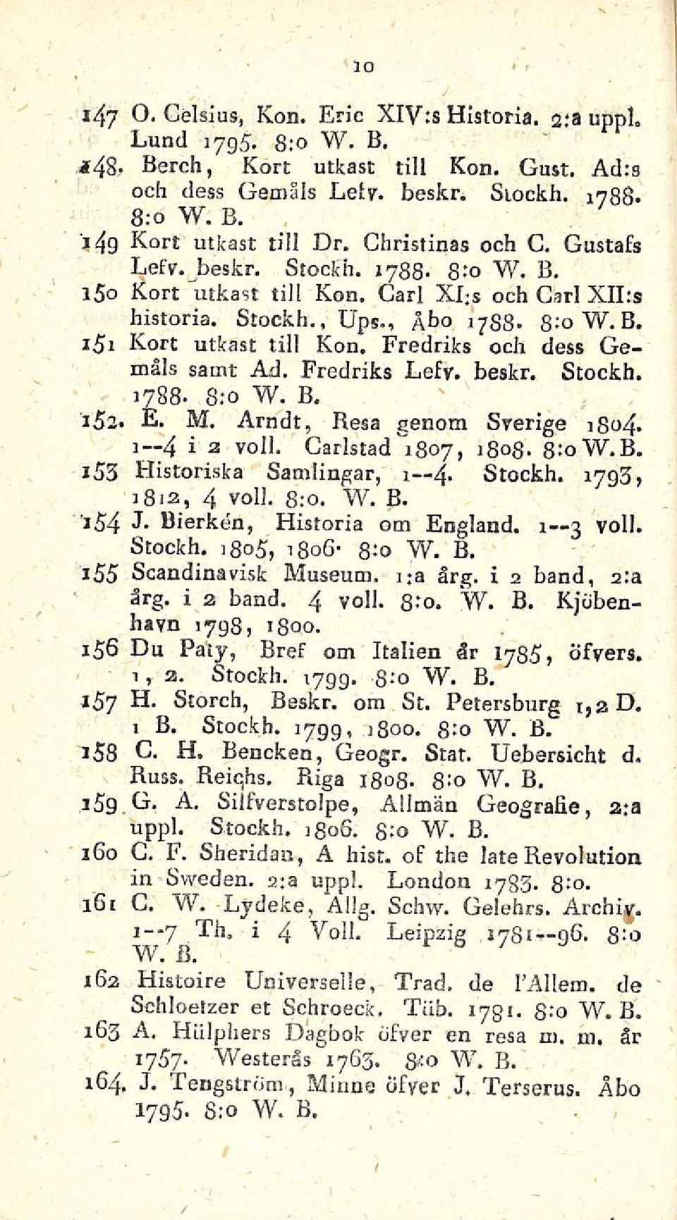 Fredriks och dess Gemäls samt Ad. Fredriks Lefy. beskr. Stockh. 1788-8:0 W. B. e. M. Arndt, Hesa genom Sverige ISO4. i 4 i 2 voll. Garlstad'lBo7, 1808. 8:0 W.B. i55 Historiska Samlingar, I 4. Stockh. 1798, 3812, 4 voll.
