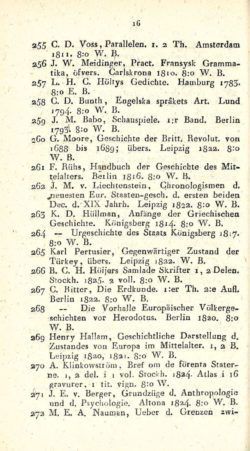 von 1688 bis 1689; Übers. Leipzig 1822. 8:o W. B. 261 F, Riihs, Handbuch der Geschichte des Mittelalters. Berlin 1816. 8:0 W. B. 263 J. M. v. Liechtenstein, Chronologismen d. Eur. Staaten-gesch. d. ersten heiden Dac.