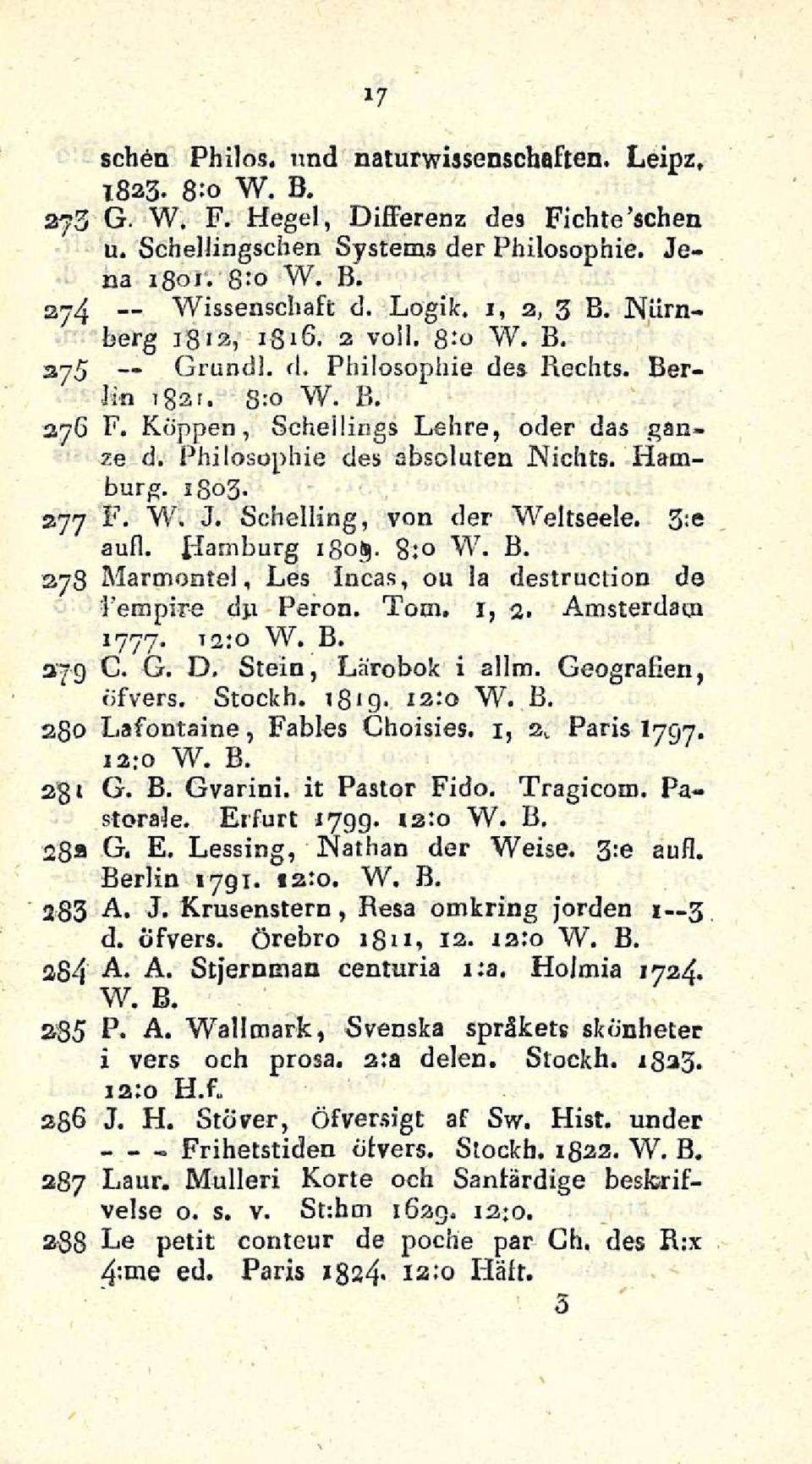 Phiiosophie des absoluten Nichts. Ham- 277 278 3 7'9 280 28 1 28» 283 384 a 35 286 287 burg. ISO3. F. W. J. Schelling, von der Weltseele. 3:e aufl. Hamburg 1805. 8;o W. B.