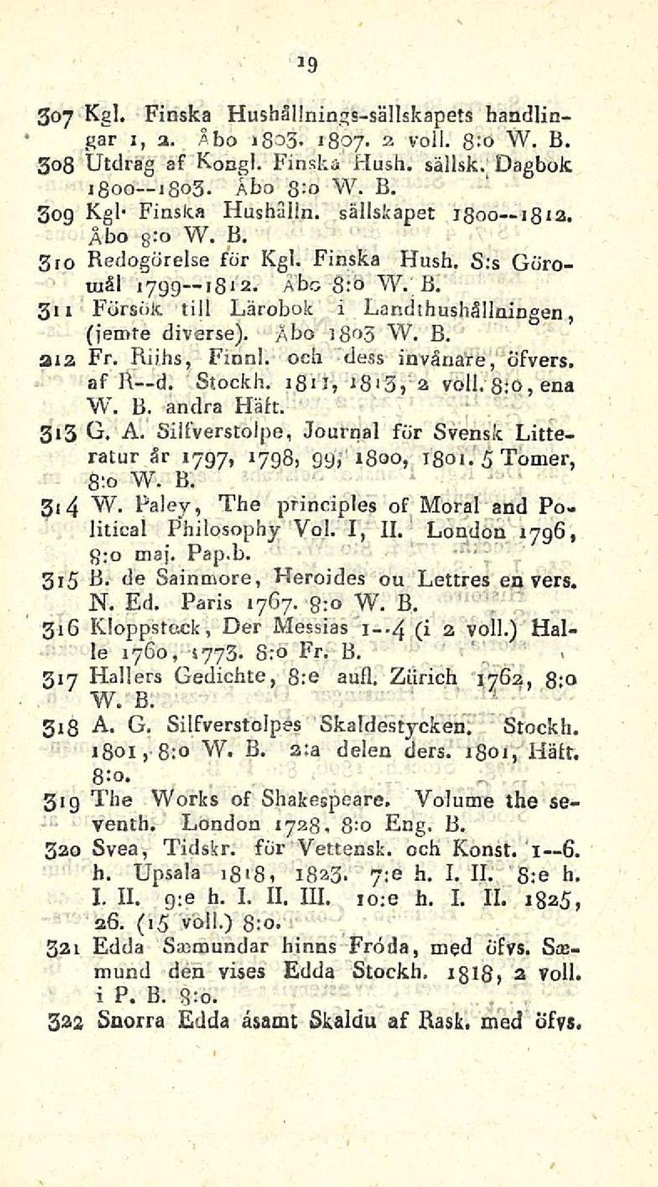 Riihs, Finni, och dess invånäre, öfvers. af R d. Stockh. 1811, ib 3j a voll, 8:0, ena W. B. andra Hait. 313 G. A. Siifverstolpe, Journal för Svensk Litteratur år 1797, 1798, 99, 1800, 1801.