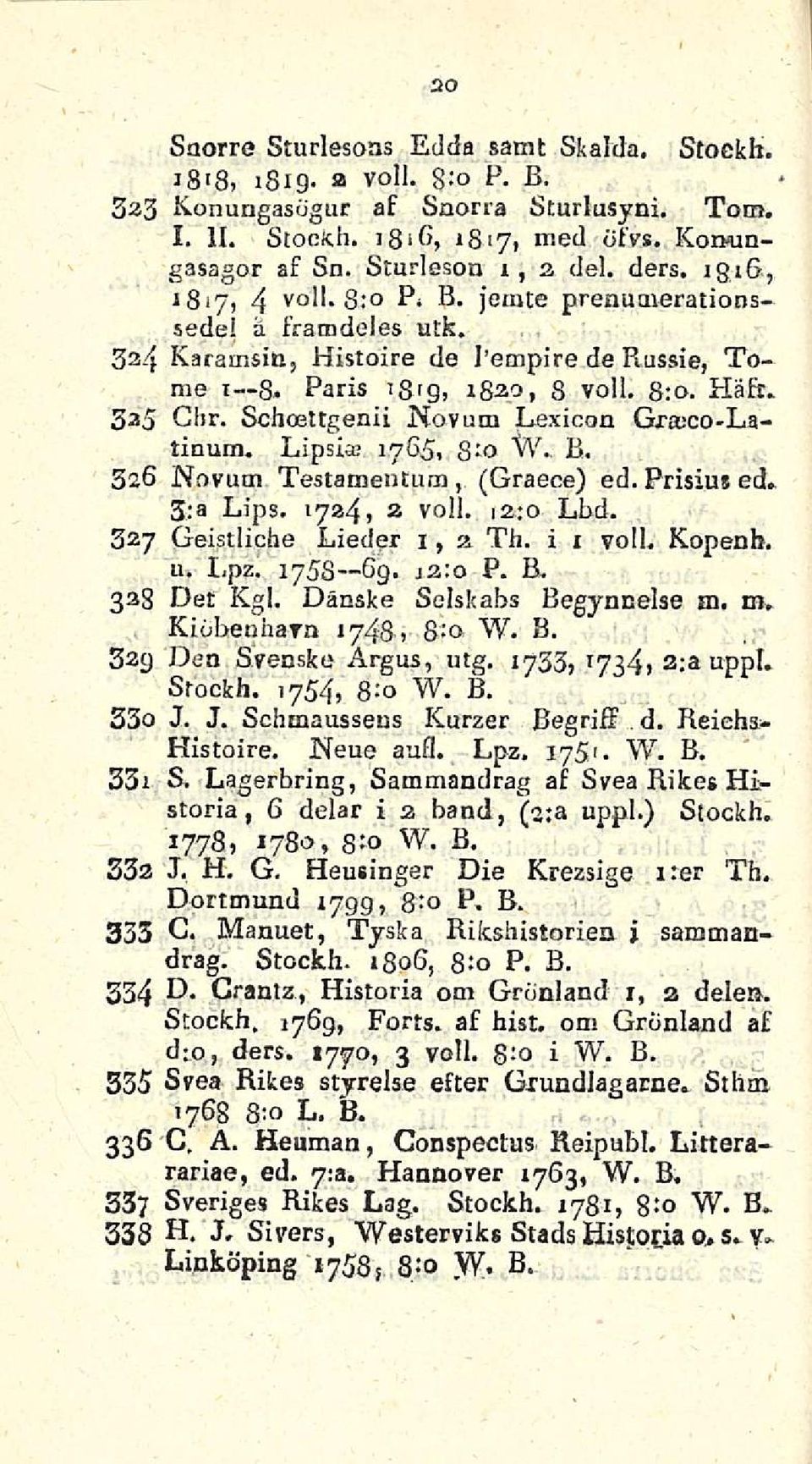 Schosttgenii Novum Lexicon Graico-Latinum. Lipsi» 1765. B*'o W. B. 326 Novum Testamentum, (Graece) ed. Prisiu* ed. 3:a Lips. 17241 2 voll. 12.;o Lbd. 327 Geistliche Lieder 1, a Th. i 1 voll. Kopenb.