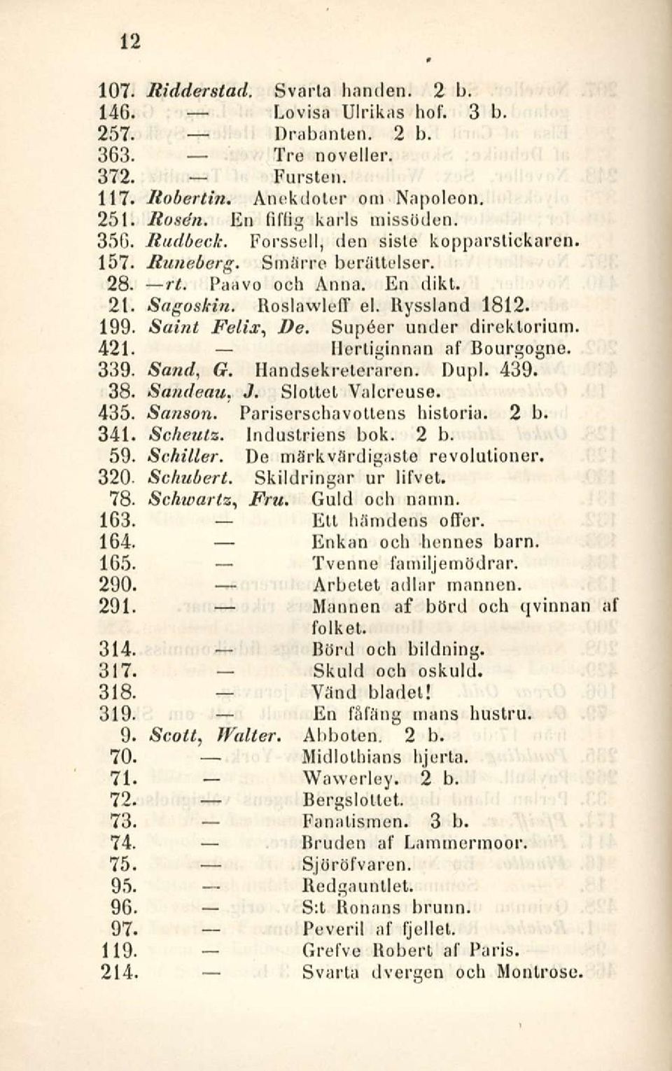 Saint Felix, De. Sup6er under dirckloriuin. 421. Hertiginnan af Bourgogne. 339. Sand, G. Handsekreleraren. Dupl. 439. 38. Sandeau. J. Slottet Valcreuse. 435. Sanson. Pariserschavottens historia. 2 b.