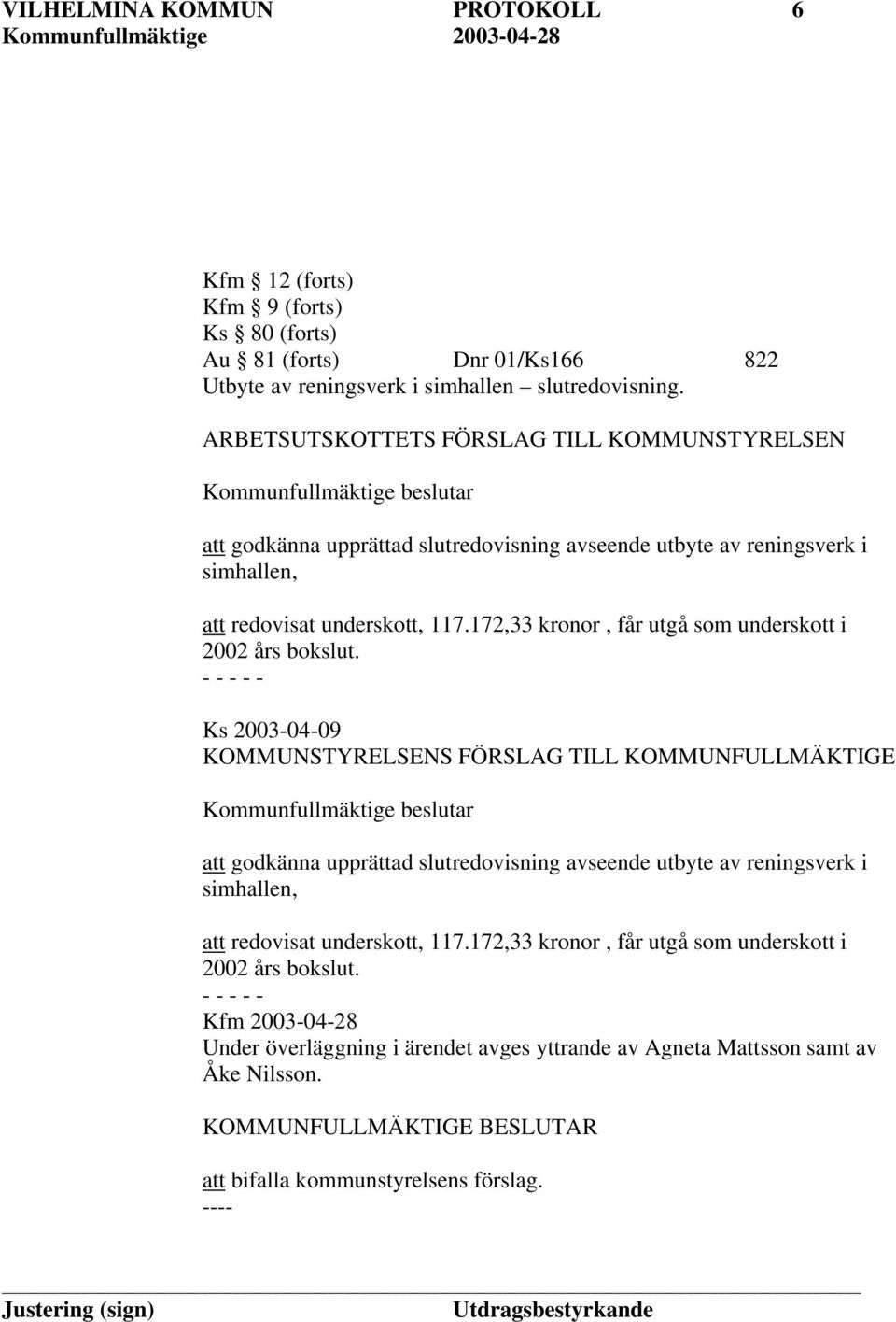 172,33 kronor, får utgå som underskott i 2002 års bokslut.