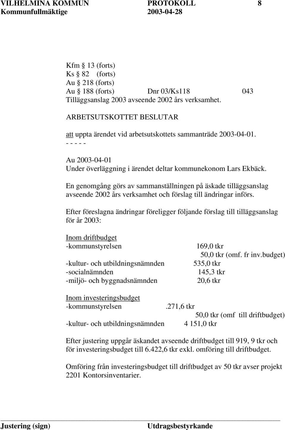 En genomgång görs av sammanställningen på äskade tilläggsanslag avseende 2002 års verksamhet och förslag till ändringar införs.