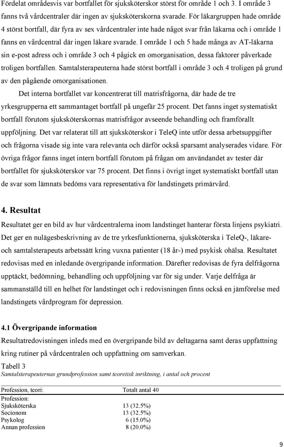 I område 1 och 5 hade många av AT-läkarna sin e-post adress och i område 3 och 4 pågick en omorganisation, dessa faktorer påverkade troligen bortfallen.