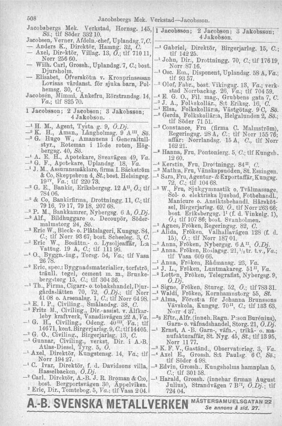 , Uplandsg. 7, O.; bost. _1 John, Dir., Drottningg. Norr.8716. 70,.0.; tlf 17619, - Djursholjn, Elisabet, Öfversköt:a v. Kronprinsessan _1 Osc, Ern., Disponent, Uplandsg. tif 9357. 58 A, Va.