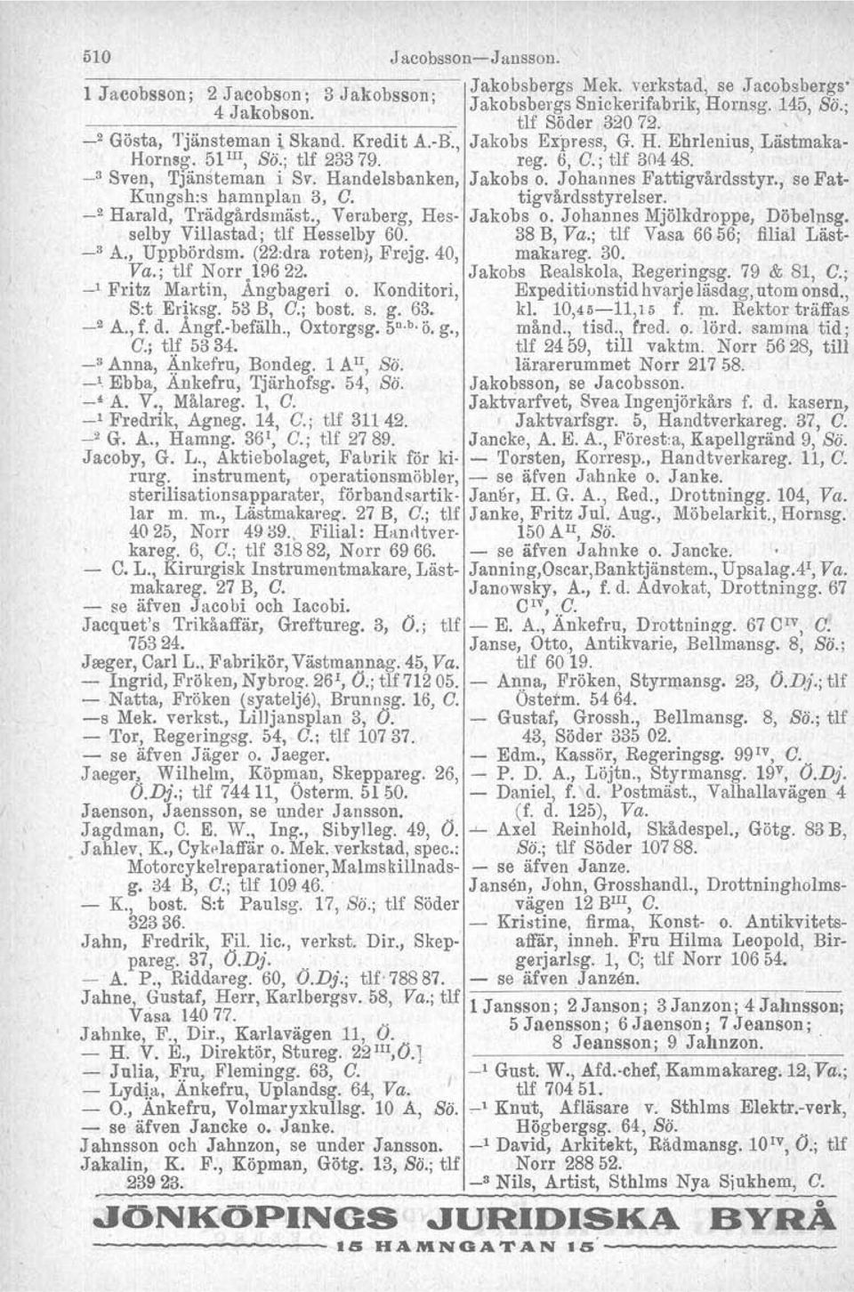 Johannes Fattigvårdsstyr., se Fat- Kungsh:s hamnplan 3, C. tigvårdsstyrelser. ' _2 Harald, Trädgårdsmäst., Veraberg, Hes- Jakobs o. Johannes Mjölkdroppe. Döbelnsg., selby Villastad; tlf Hesselby 60.