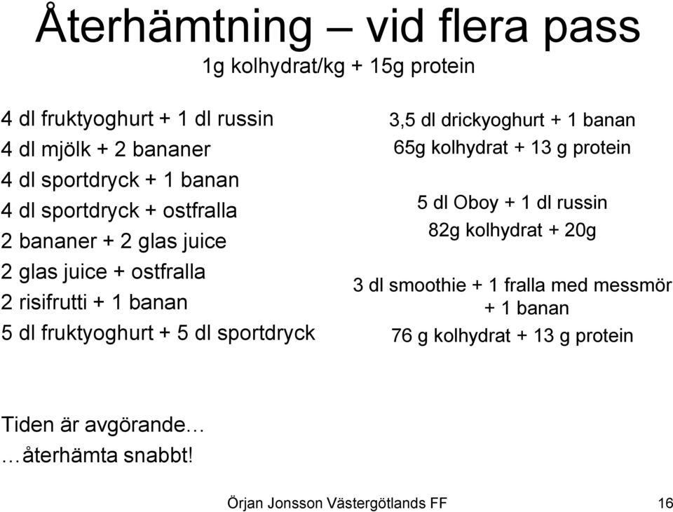 dl fruktyoghurt + 5 dl sportdryck 3,5 dl drickyoghurt + 1 banan 65g kolhydrat + 13 g protein 5 dl Oboy + 1 dl russin 82g