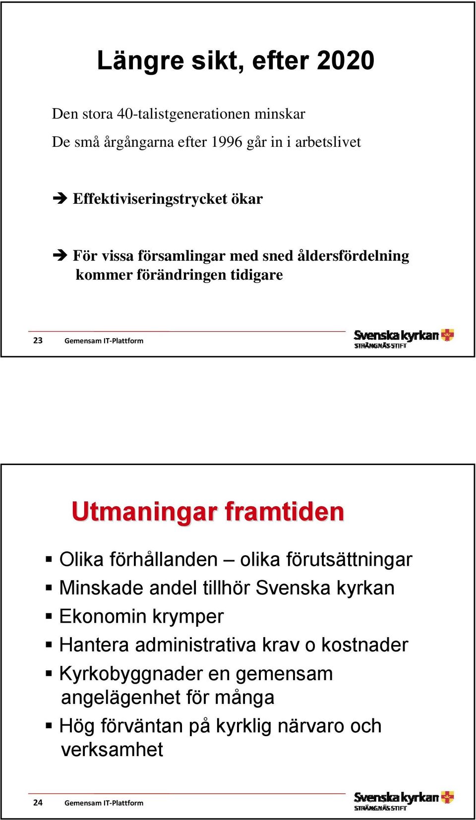 Utmaningar framtiden Olika förhållanden olika förutsättningar Minskade andel tillhör Svenska kyrkan Ekonomin krymper Hantera