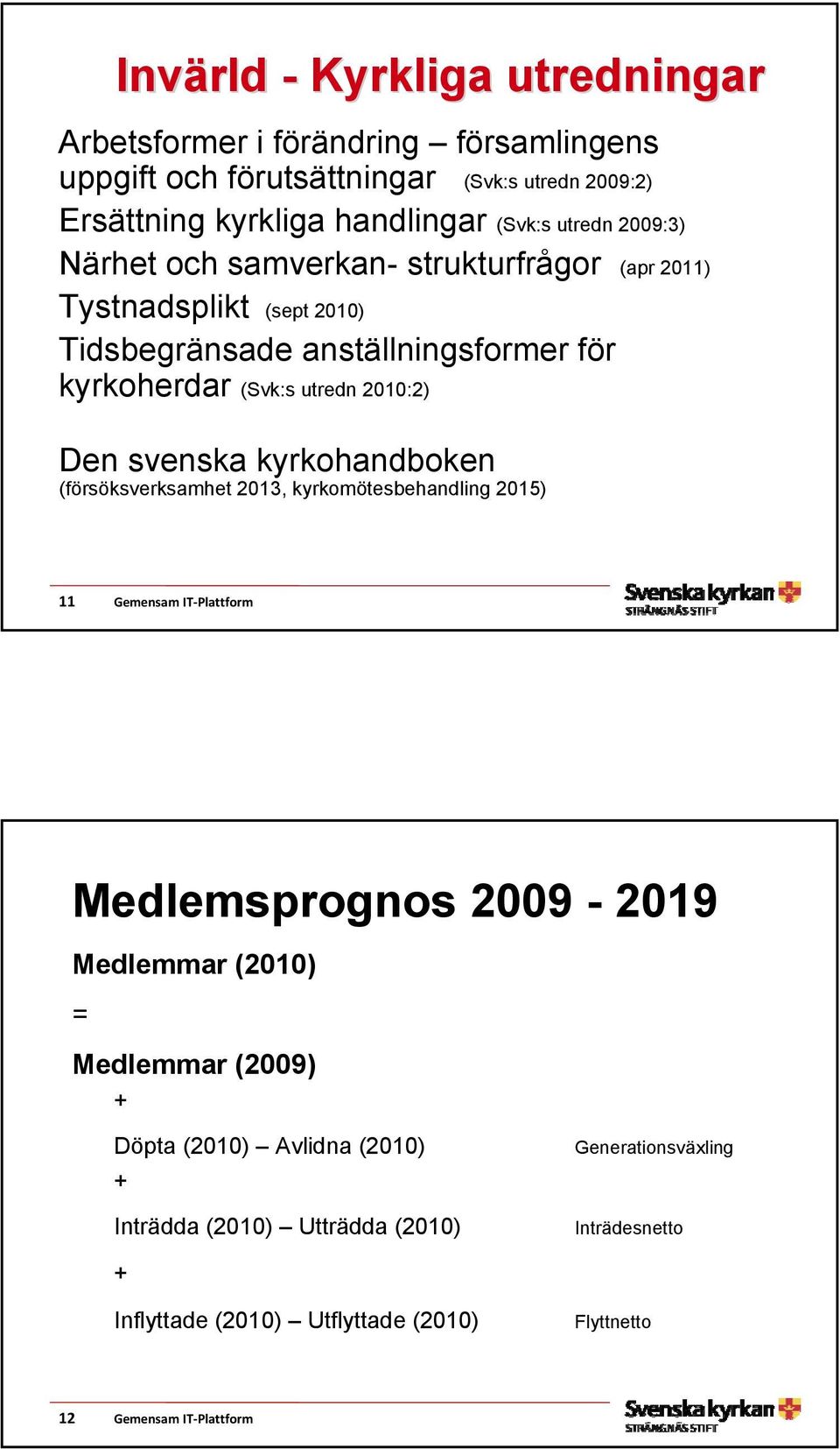 Den svenska kyrkohandboken (försöksverksamhet 2013, kyrkomötesbehandling 2015) 11 Gemensam IT Plattform Medlemsprognos 2009-2019 Medlemmar (2010) = Medlemmar