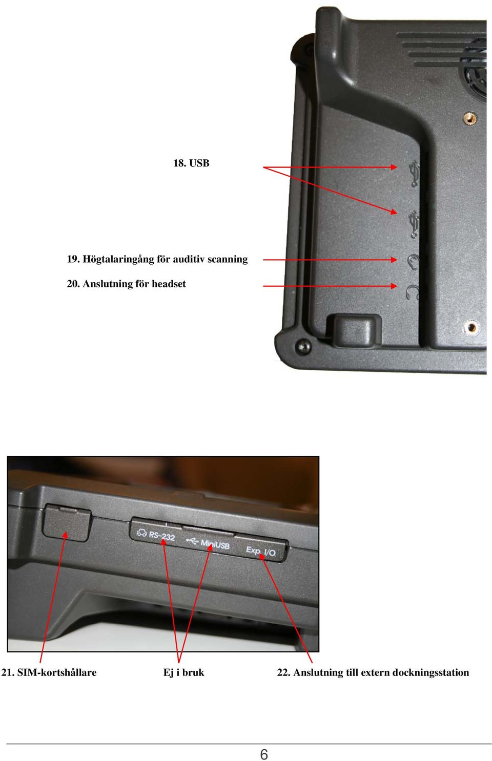 20. Anslutning för headset 21.