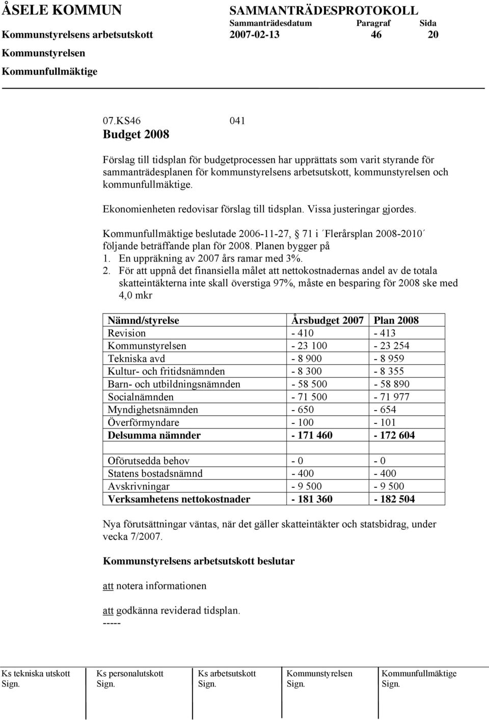 Ekonomienheten redovisar förslag till tidsplan. Vissa justeringar gjordes. beslutade 2006-11-27, 71 i Flerårsplan 2008-2010 följande beträffande plan för 2008. Planen bygger på 1.