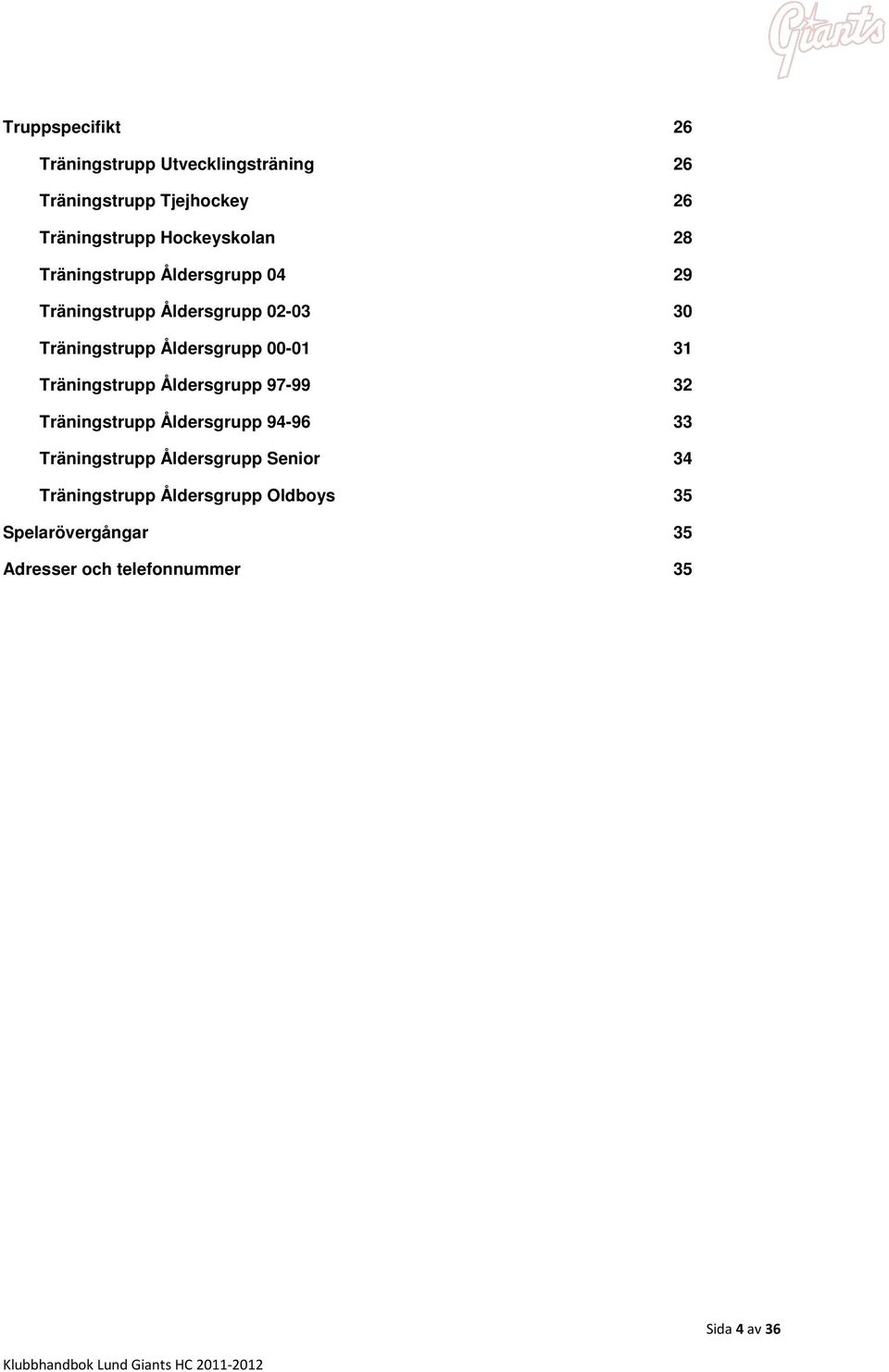 Åldersgrupp 00-01 31 Träningstrupp Åldersgrupp 97-99 32 Träningstrupp Åldersgrupp 94-96 33 Träningstrupp