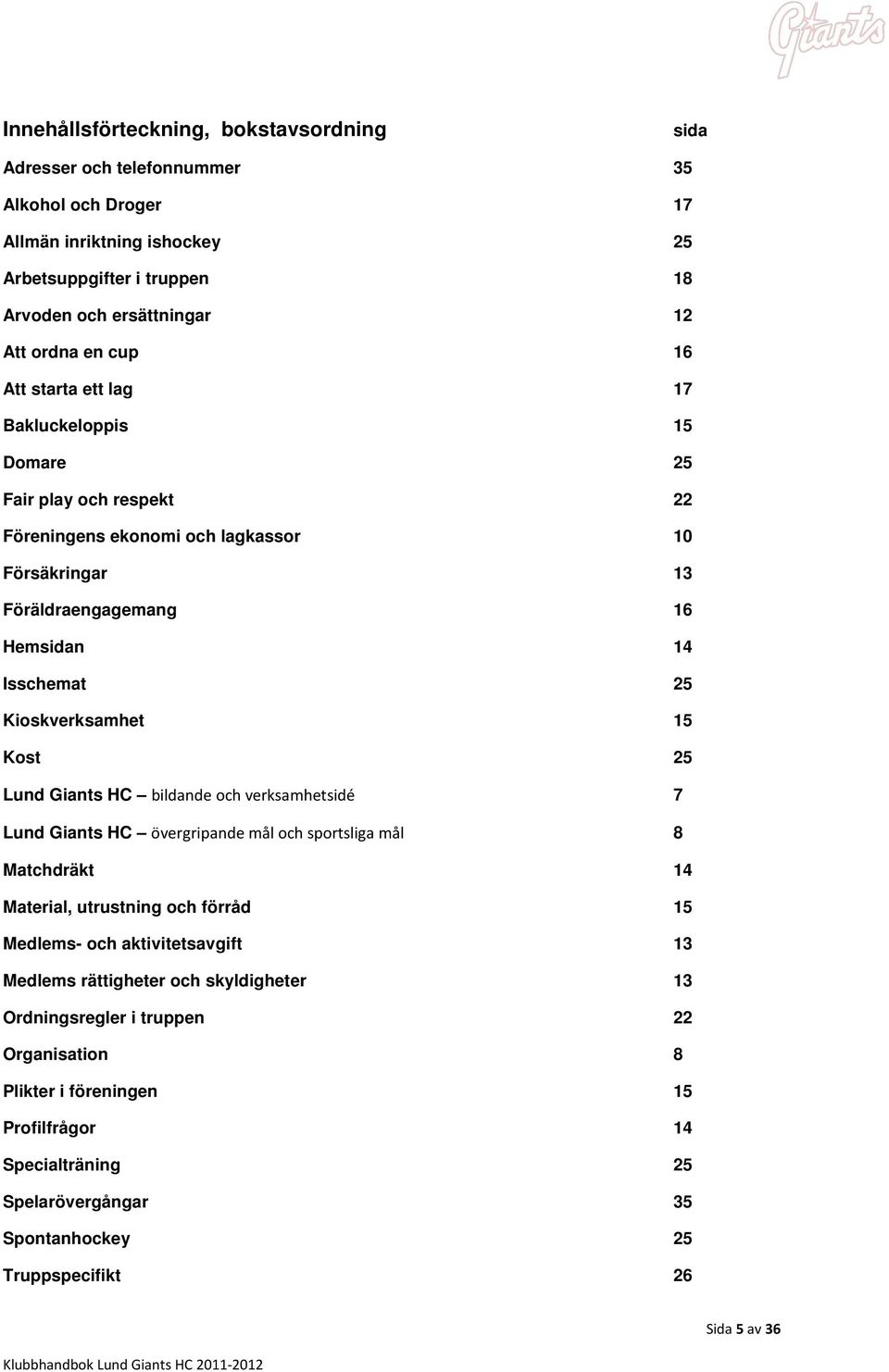 15 Kost 25 Lund Giants HC bildande och verksamhetsidé 7 Lund Giants HC övergripande mål och sportsliga mål 8 Matchdräkt 14 Material, utrustning och förråd 15 Medlems- och aktivitetsavgift 13