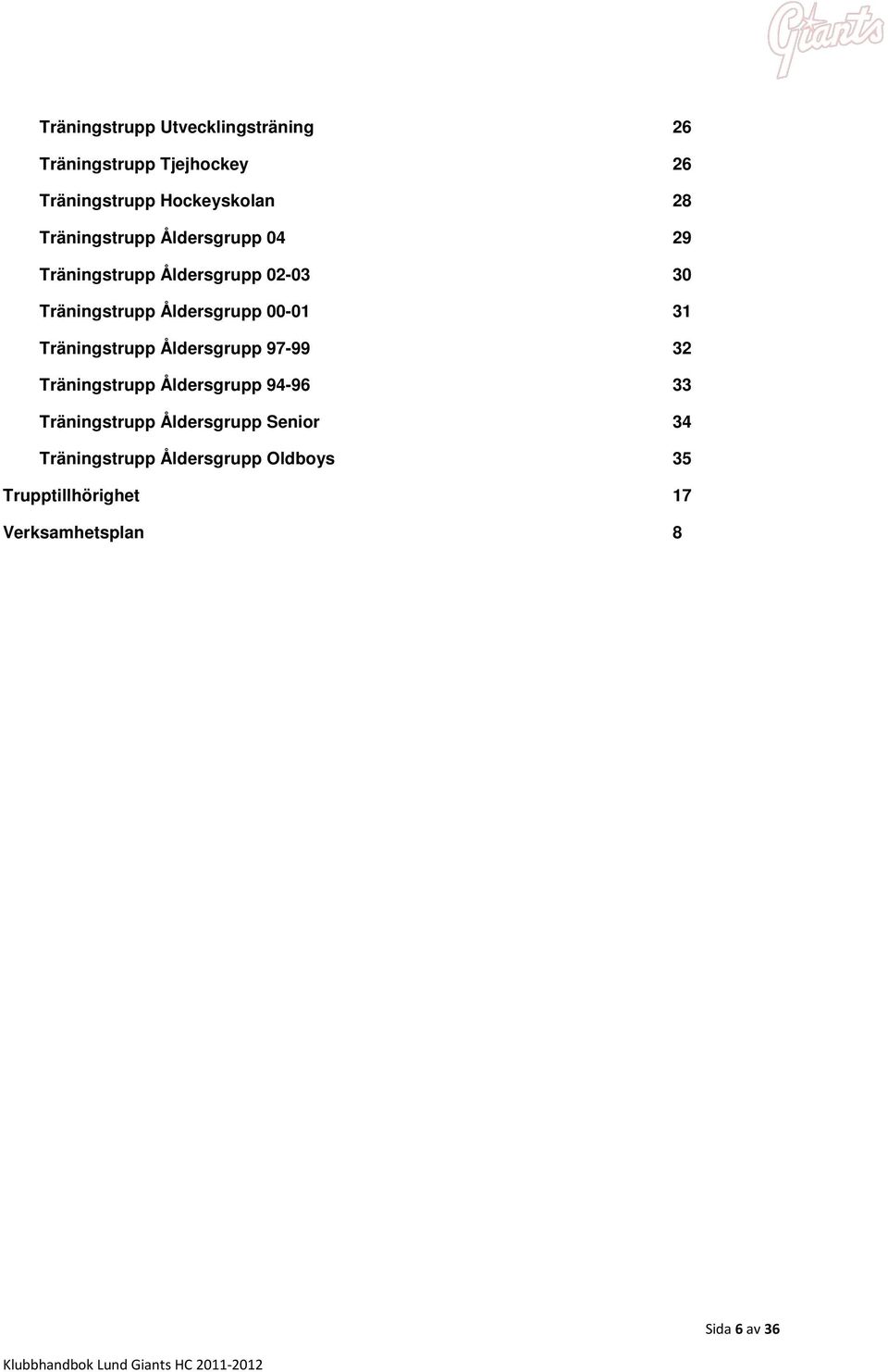 00-01 31 Träningstrupp Åldersgrupp 97-99 32 Träningstrupp Åldersgrupp 94-96 33 Träningstrupp